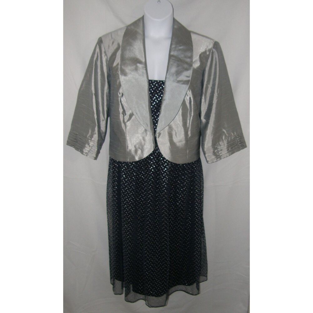 DRAPERS & DAMONS Plus Sz 22 Blue Polka Dot Dress & Silver Jacket 2 Pc Set NEW
